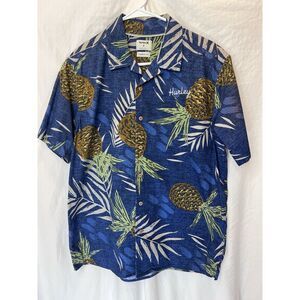 Hurley Size M Button Up Shirt Short Sleeve Allover Pineapple Blue‎ Classic Fit